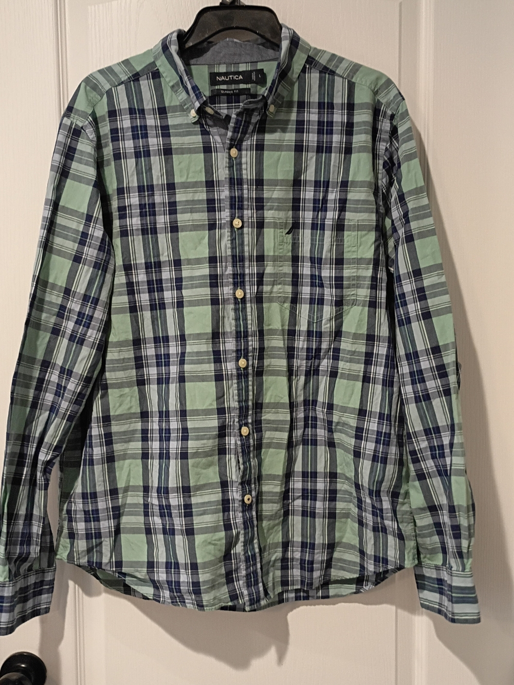 Nautica Men's Light Green and Navy Plaid Button-Down Shirt